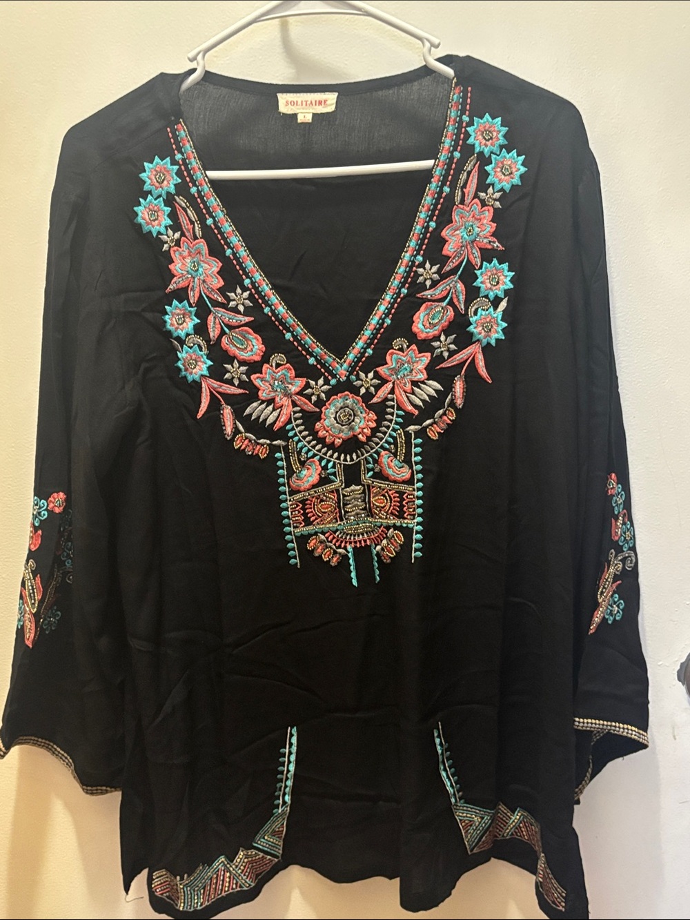Solitaire Black Tunic with Turquoise and Coral Embroidery